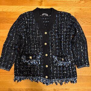 By Anthropologie Tweed Fringe Cardigan